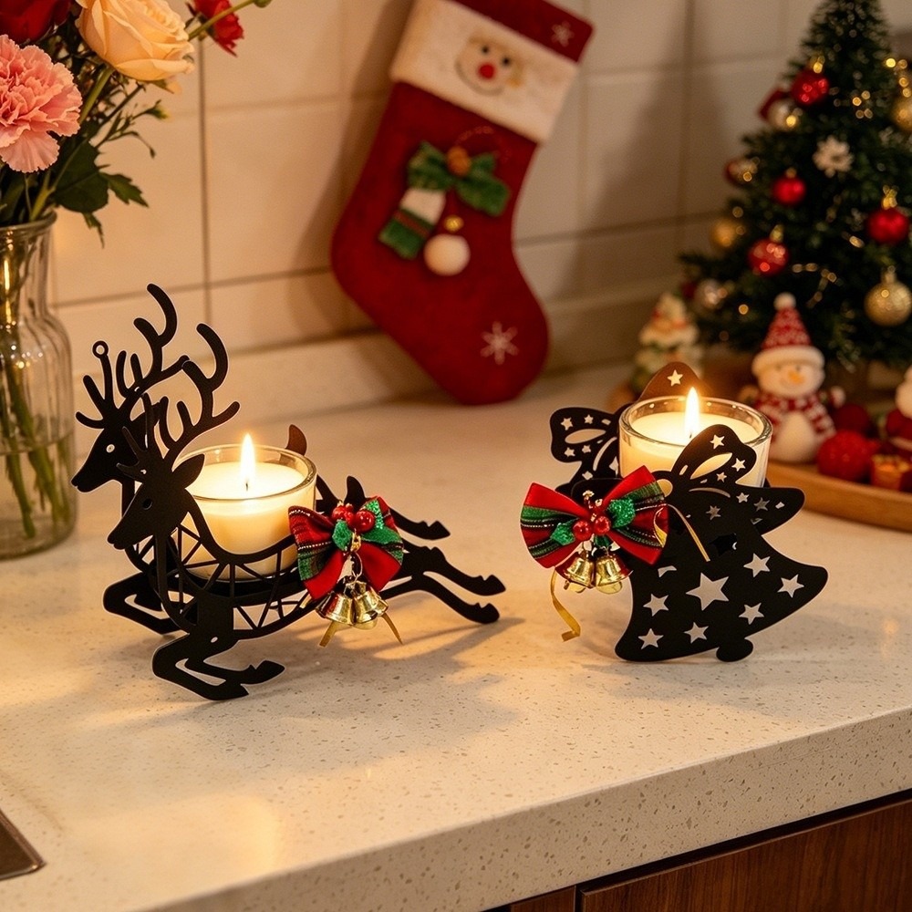 Elk Bugle Call - 鹿とエルクのクリスマスキャンドルホルダー、雪の結晶のリボン、クリスマスデスクデコレーション、透かし彫りのベル、クリスマスオーナメント、マントルピースの装飾